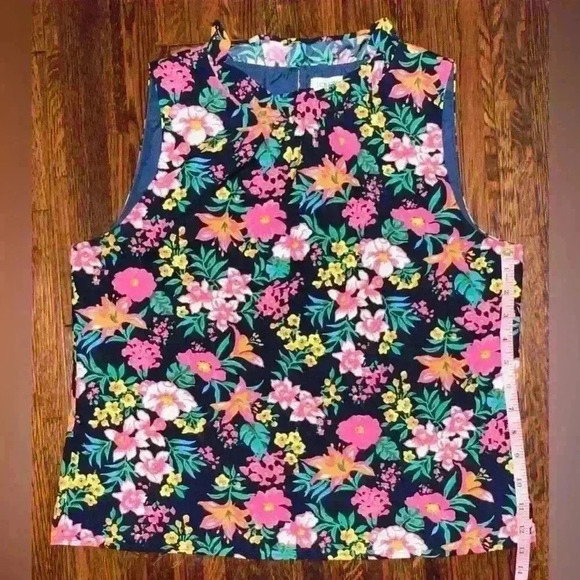 JCREW Ruffle Neck Sleeveless Floral Blouse in Navy, Pink, Green and Yellow - Picture 7 of 9